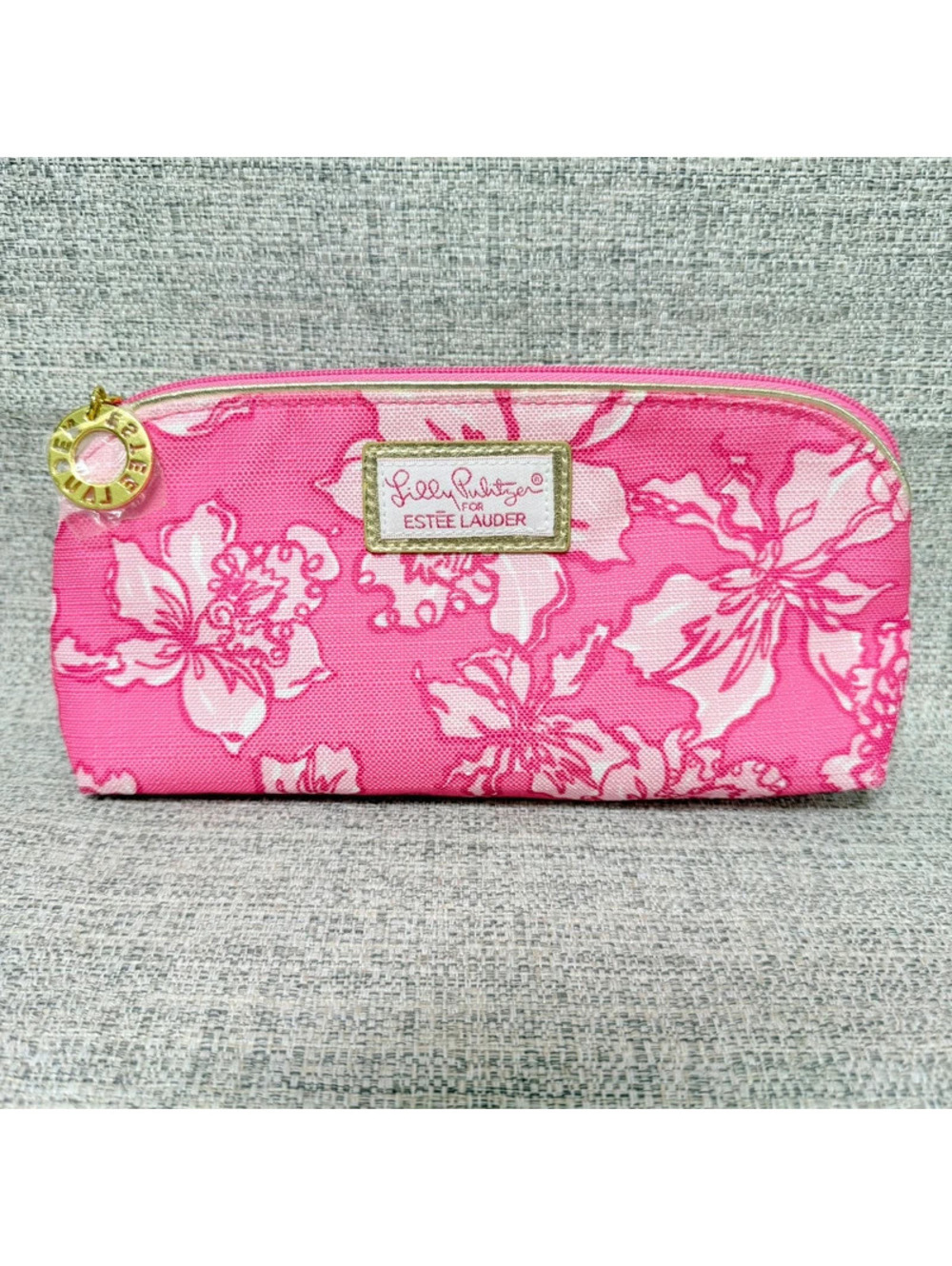 Lilly Pulitzer for Estée Lauder Pink Floral Cosmetic Makeup Bag Gold Zip